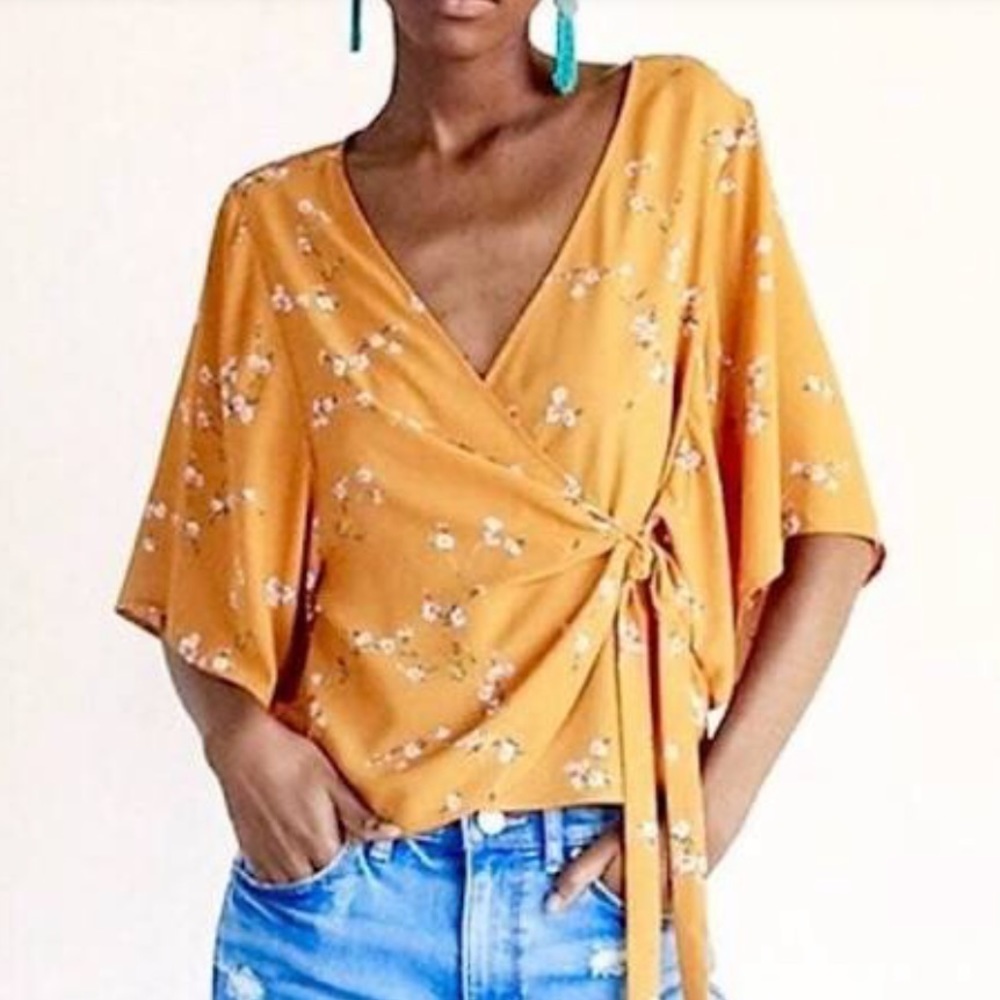 Mustard floral kimono sleeve blouse